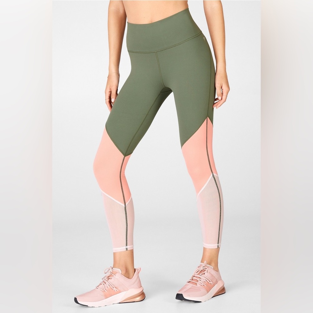 Fabletics Women’s Zone Powerhold Leggings‎ XXS Pink Green Mesh Panel 7/8 NWT